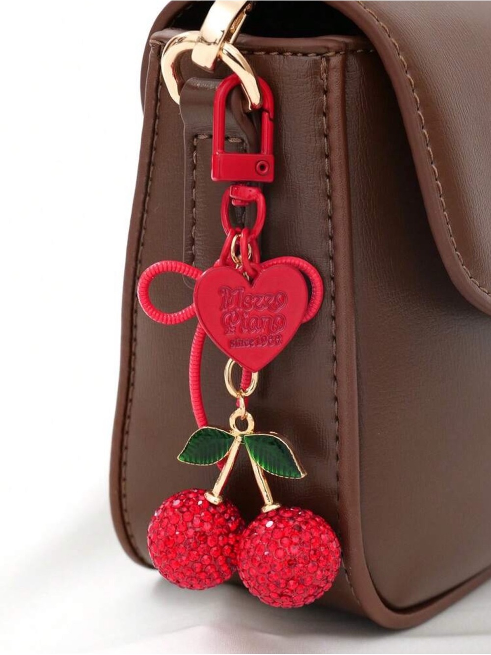 Red Cherry Crystal Keychain Charm with Bow - Picture 2 of 3